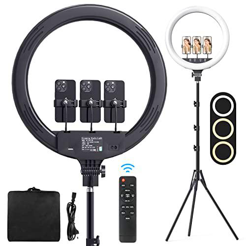 LED Ringlicht 18 Zoll, Heorryn 48 Zentimeter Ringleuchte Licht hell Set mit 200 cm Stativ &amp; 3 Telefonhalterung für Smartphone YouTube TikTok Live Stream Porträt Make-up Vlog Videofotografie
