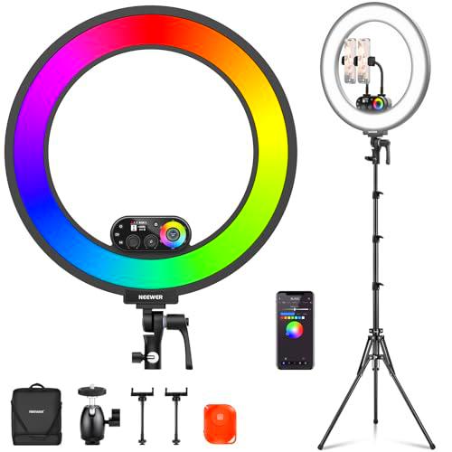 NEEWER 18" RL45C Ring Light Edge Cama Anillo Luminoso RGB con Trípode Teléfono Mando a Distancia 360º Colores Completos App/2.4G Control Compatible con iPhone Selfie Maquillaje Grabación Vídeo