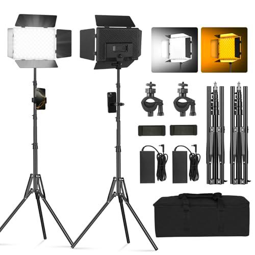 Soonpho 2-Pack Bi LED Panel Luz de Vídeo Set con Barn Door 2500-6500K Regulable 20W de Light de Iluminación de Estudio de Fotografía con Trípode y Soporte para Teléfono Móvil para Vídeo Youtube Live