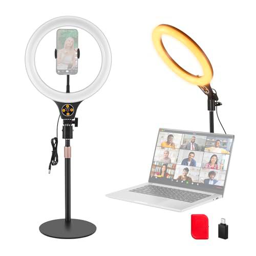 NEEWER Entry Level Version 10.5" Aro Luz Escritorio con Soporte/Soporte Móvil Compatible con iPhone/Remoto,10W LED Iluminación para Streaming Grabación Maquillaje Selfie Videoconferencia Portátil,N22