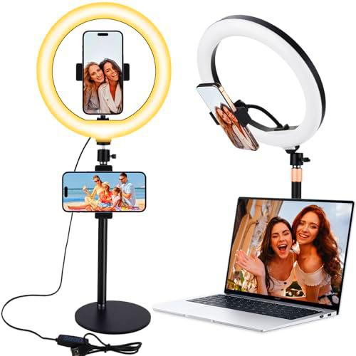 IGUGI Aro de Luz con Tripode,10,2 Anillo de luz LED de Escritorio,Aro Luz LED con Soporte Teléfono Escritorios,Ring Light LED de Escritorio Giratoria 360º,Apta para Maquillaje y Fotografía