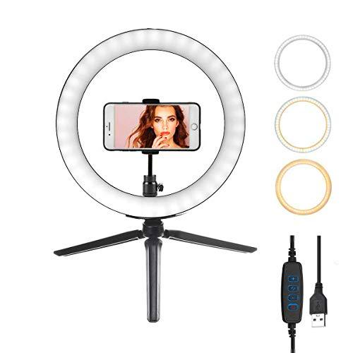 Anillo de Luz LED con trípode, Feicuan 10" Selfie Ring Light con Soporte de teléfono para Fotografía de Escritorio,Youtube Video,Transmisión en Vivo