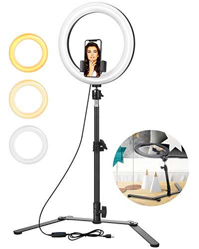ELEGIANT Anillo de luz Trípode LED 10", Aro Soporte de Luz de Selfie de Regulable 3 Colores de Luz + 11 Niveles de Brillo