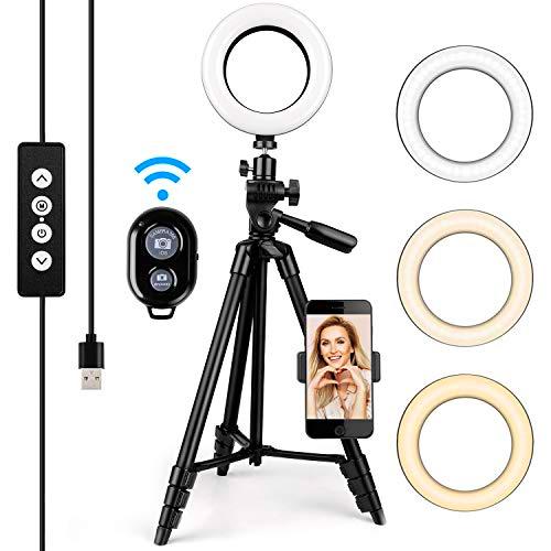 amzdeal 6'' Anillo de Luz LED 3 Colores 10%-100% Brillos Regulables Girar 360º Aro de Luz con Control Remoto y Soporte para Movil para Maquillaje/Videollamada/Selfie/Transmisión en Vivo