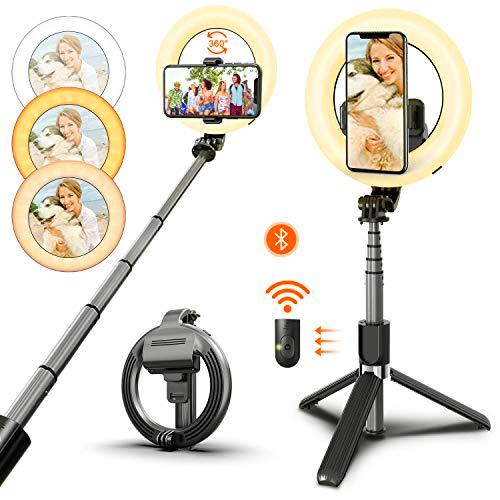HMEDA Anillo de Luz,Palo Selfie Luz de Anillo LED con Trípode Control Bluetooth Remoto Inalámbrico 3 Colores Aro de Luz para Móvil Selfie Video Maquillaje Youtube TikTok Live