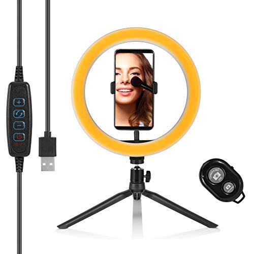 Anillo de Luz LED Fotografia de Escritorio, 10.2" Aro de Luz 3 Colores 10 Brillos Regulables Control Remoto Bluetooth