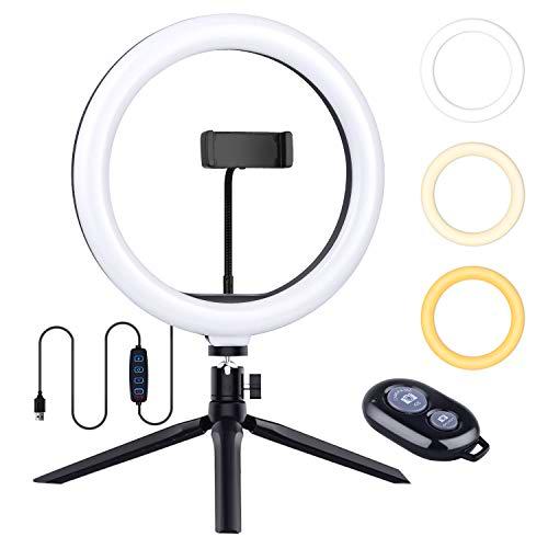 LED Aro de Luz con Trípode, 10" Anillo de Luz y Control Remoto Bluetooth 3 Colores 11 Brillos Regulables para Youtube Vídeo, Maquillaje