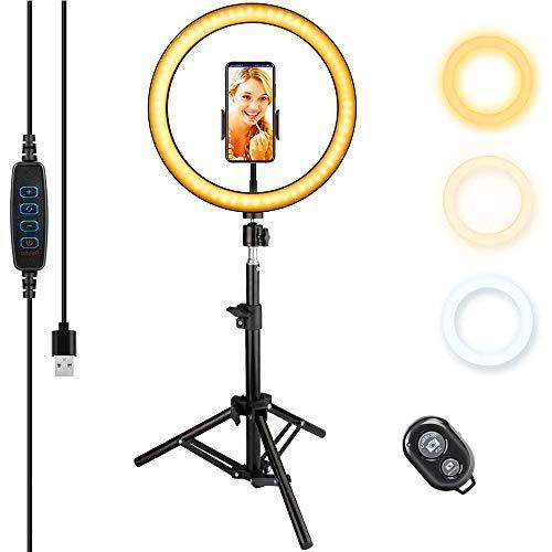 Shackcom 10'' Anillo de Luz LED fotográfica de Escritorio,Aro de Luz con 19.69'' Trípode Control Remoto Inalámbrico 3 Colores Brillos Regulable,Soporte de teléfono para Maquillaje,Fotografia,TikTok