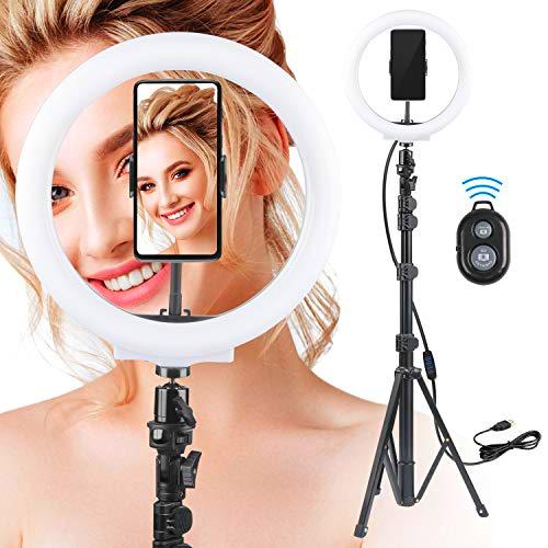 Rhodesy 10" Aro de Luz Selfie Trípode, Anillo de Luz LED con Soporte para Móvil con Control Remoto Bluetooth