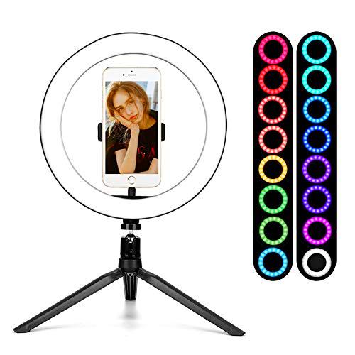 BLOOMWIN Aro de Luz LED Regulable 10” Anillo de Luz RGB 16 Colores para Fotografia con Trípode y Soporte para Teléfono Control Remoto para Móvil Youtube Disparo Selfie Video Maquillaje Vivo