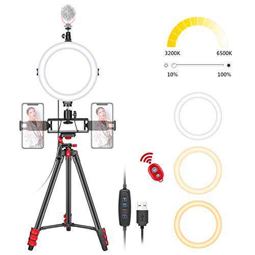 Neewer 8" Selfie Anillo Luz con Soporte para Trípode 3 Zapatos Fríos 2 Soportes para Teléfono Anillo Luz LED con Kit Remoto: 3 Luces de Modo y Brillo de 10 Niveles para Maquillaje Video YouTube TikTok