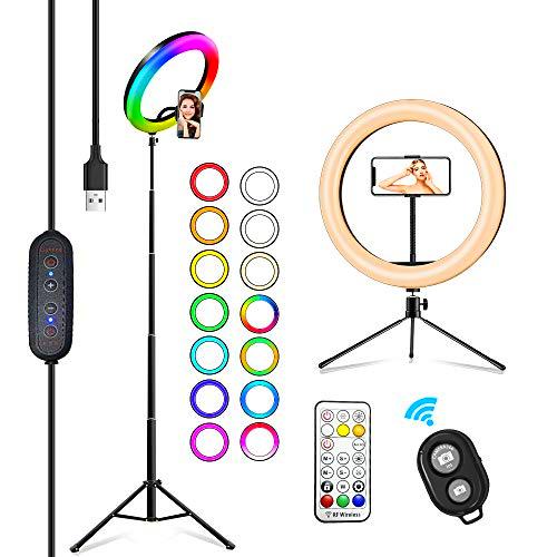 2NLF Aro de Luz para Movil 10&quot; RGB Anillo de luz LED con Trípode Soporte 53&quot; Altura Regulable 26 Colores 10 Brillos Regulables Control Remoto Inalámbrico para Selfie Maquillaje Youtube TIK Tok Live