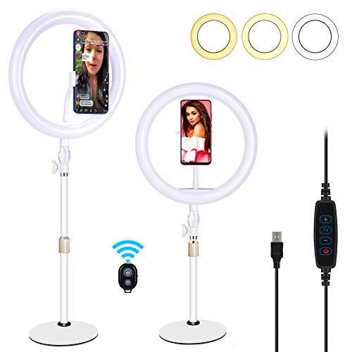 BLOOMWIN Luz de Anillo LED 10" Fotográfica Aro de Luz con Base Trípode y Soporte para Teléfono 3 Colores 10 Brillos Regulables Control Remoto Bluetooth para Selfie