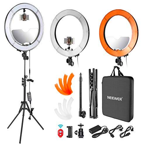 Neewer LED Anillo Luz 18 Pulgadas Diámetro Exterior 55W 5500K con Superior/Inferior Dual Zapata Caliente Espejo Soporte para Smartphone Soporte de Luz Tubo Flexible Filtro Color(Enchufe EE.UU./UE)