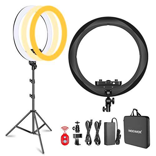 Neewer Kit Luz de Anillo Versión Mejorada-1,8cm Ultra Delgado 48cm 3200-5600K Luz Anillo LED Regulable con Soporte de Luz Soporte para Teléfono Giratorio Adaptador de Zapata(Negro)