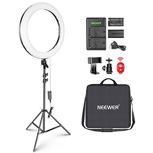 Neewer Luz Anillo LED 53cm Kit: (1) Luz Círculo Bicolor Regulable 44W (1) 2M Soporte Luz Pro (1) Cabeza Bola (1) Soporte Teléfono (2) Batería Ion Litio (1) Cargador USB