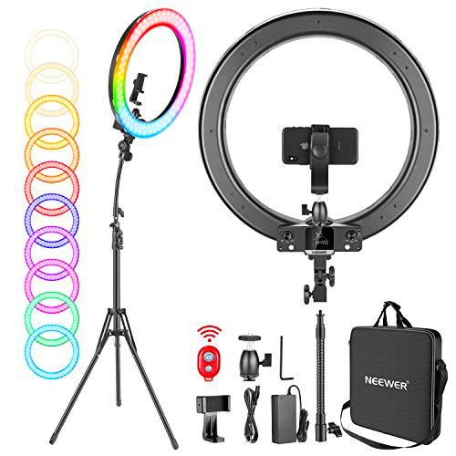 Neewer Aro de Luz 18 Pulgadas con Soporte 42W Regulable Bi-Color 3200K-5600K CRI 95+ Aro de Luz LED con 0-360 Todo Color 9 Modos de Escenas Especiales para Selfie Fiesta Vlog Youtube Video etc.