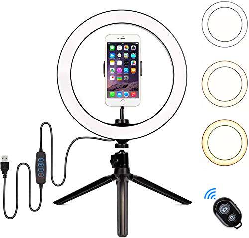 BLOOMWIN Luz de Anillo LED 10" Fotográfica de Escritorio Aro de Luz Trípode con Soporte de Teléfono 3 Colores 10 Brillos Regulables Control Remoto Bluetooth para Selfie