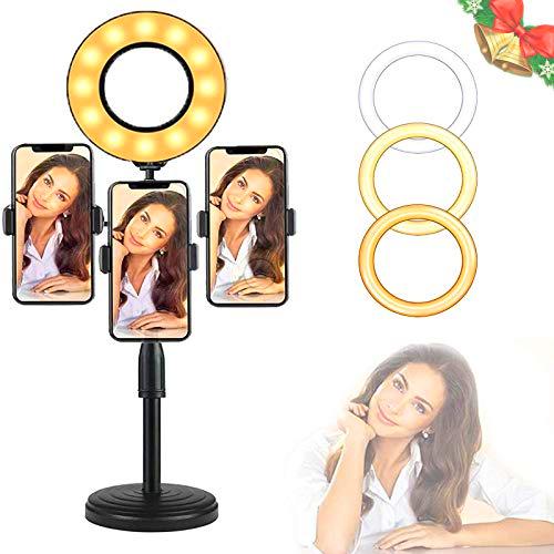 Anillo de Luz, 6.3’’ Ring Light con 3 Temperatura de Color y 10 Brillo Regulable para 3 Teléfonos Youtube Selfie Vídeo Maquillaje Fotográfica TIK Tok
