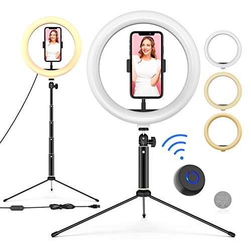 WONEW Anillo de Luz LED 10" de Escritorio, 3 Colores 10 Brillos con Regulables Bluetooth Control Remoto