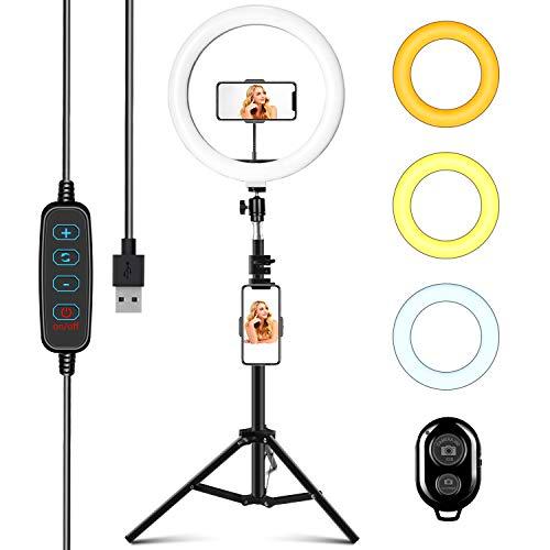 Aro de Luz con Trípode 10", ITSHINY LED Anillo de Luz 3 Colores 11 Brillos Regulables