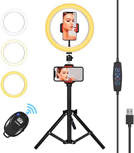 Orieta 10" Aro de Luz Selfie Trípode, Anillo de Luz LED con Soporte para Móvil con Control Remoto Regulable para Transmisión en Vivo