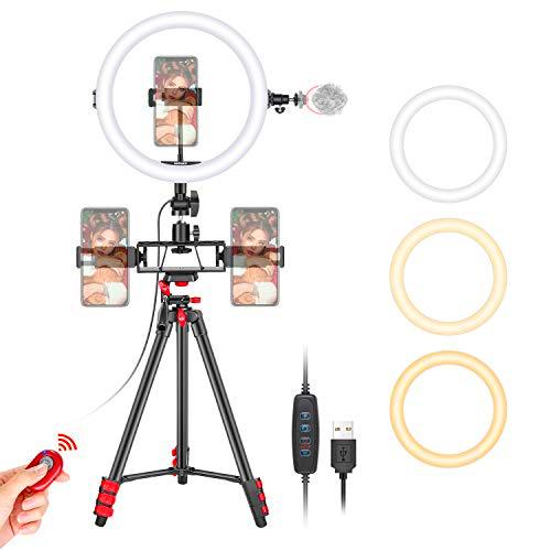Neewer 10" Selfie Anillo Luz con Trípode 3 Soportes para Teléfono Anillo de Luz LED con Tubo Suave y Kit Remoto 3 Luces de Modo y Brillo de 10 Niveles para Maquillaje Video Youtube TikTok Transmisión