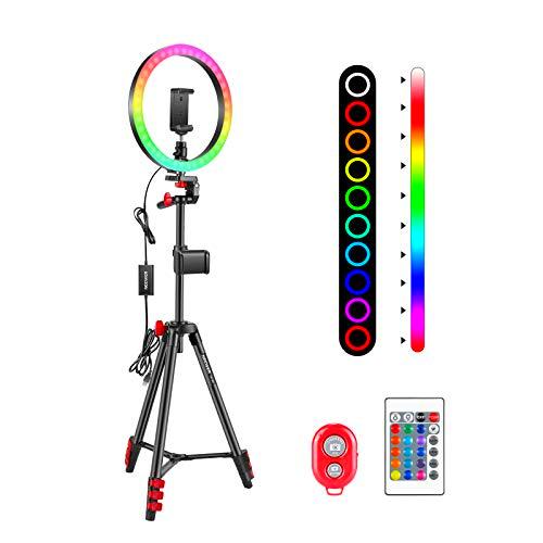 Neewer 10 Pulgadas RGB Anillo Luz Selfie Luz Anillo con Soporte para Trípode y para Teléfono Control Remoto por Infrarrojos 16 Colores Regulables y 4 Modos de Flash para Maquillaje YouTube Tiktok etc.
