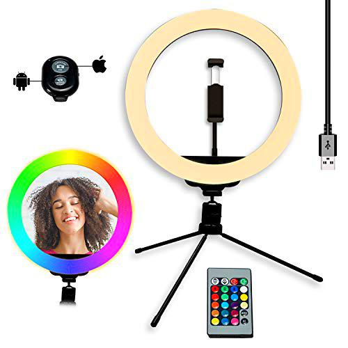 Aro de Luz con Tripode 10'', Anillo de Luz para Móvil con 15 Colores RGB + 10 Niveles de Brillo y 3 Modos de Luz