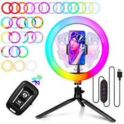10" RGB Anillo de Luz - amzdeal Aro de Luz con Trípode y Soporte de Móvil