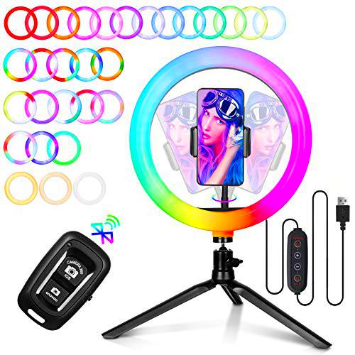 10" RGB Anillo de Luz - amzdeal Aro de Luz con Trípode y Soporte de Móvil