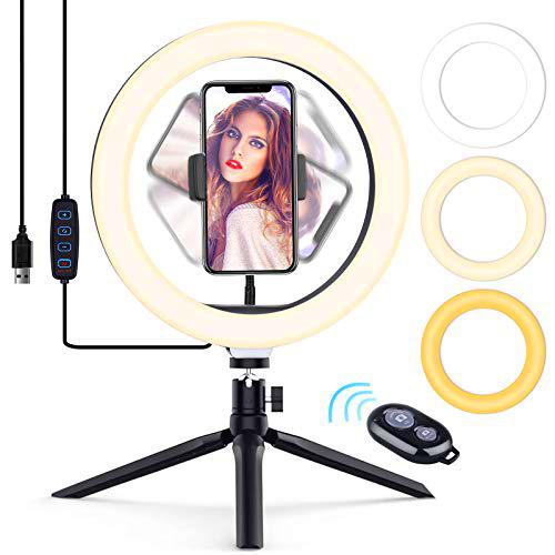 Aro De Luz, Anillo de Luz LED Regulable Fotográfica 10" de Escritorio Aro de Luz con Trípode Control Remoto 3 Colores 10 Brillos Ring Light para Móvil Selfie Maquillaje Youtube TIK Tok Youtube