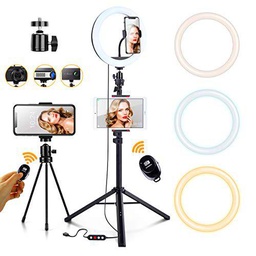 Luz de Anillo LED,Ring Light,Aro de Luz de 10"con Trípode/Mini Trípode Control Remoto Bluetooth,3 Modos de Luces 10 Brillos Regulable para Móvil Selfie,Fotografía,Maquillaje,Youtube,TIK Tok Live