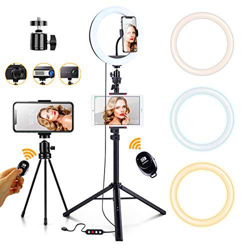 Luz de Anillo LED,Ring Light,Aro de Luz de 10"con Trípode/Mini Trípode Control Remoto Bluetooth,3 Modos de Luces 10 Brillos Regulable para Móvil Selfie,Fotografía,Maquillaje,Youtube,TIK Tok Live