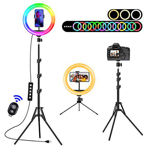 Aro de Luz LED con 2 Trípode, 10'' Anillo de Luz 15 Colores RGB