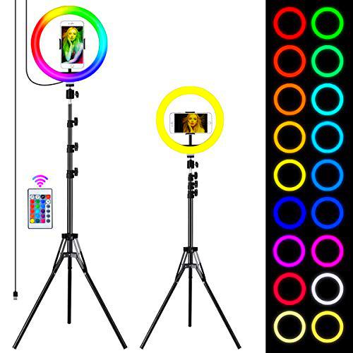 Queta Aro de Luz Trípode LED, Anillo de Luz 7 Colores RGB de 10" 2 Modo 10 Brillo Ajustable con Control Remoto Inalámbrico para Selfie Fotografía Youtube Maquillaje para Móvil