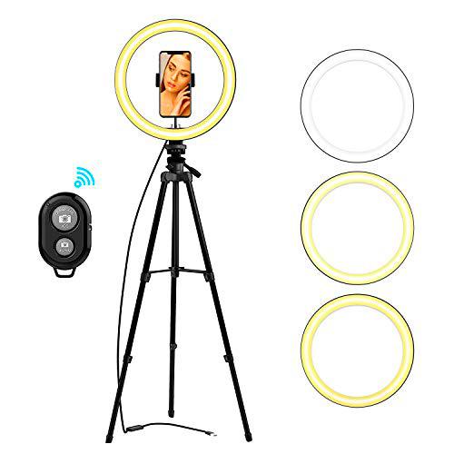 LIERONT Aro de Luz Trípode Fotografía, 10" Anillo de Luz Selfie con Control Remoto 120 LED 3 Modos 10 Niveles de Luz para TikTok Youtube Instagram Vlog Vídeo Maquillaje Enseñanza para iOS Android