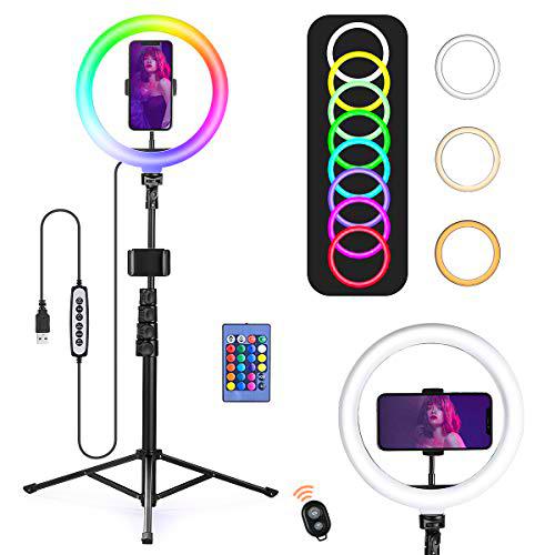 OneAmg Aro de Luz para Movil TIK Tok con Tripode,10.2" RGB LED Ring Light con Soporte para Teléfono Doble,15 Colores RGB y 3 Modos Normales y 10 de Brillo,Anillo de Luz Selfie