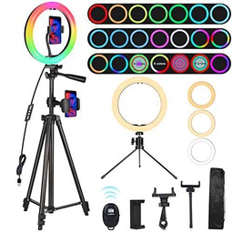 Railee Aro de Luz, Anillo de Luz LED 10" Aro de Luz con Trípode y Control Remoto Ring Light con 21 RGB Modos 9 Brillos Regulables para TIKTok Youtube Vlog Vídeo Maquillaje Selfie y Fotografia