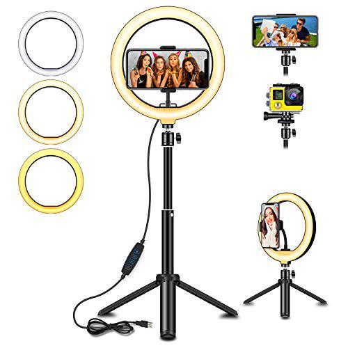 Luz de Anillo con Extendable Tripode,SYOSIN 8''Anillo de Luz LED 3 Colores y 10 Brillos Regulables para Móvil Selfie,Fotografía,Grabación de Vídeo,Maquillaje,Volg,Youtube,TIKTok