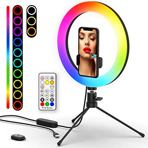 Luz de Anillo LED 10" con Trípode, Boaraino RGB Anillo de Luz con Soporte de Móvil y Control Remoto Bluetooth