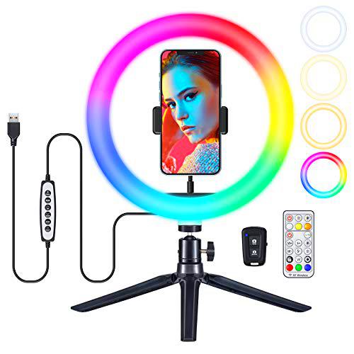 VicTsing Anillo de luz LED 34 Colores RGB, Aro de Luz de 10" con Trípode Control Remoto Bluetooth para Móvil Selfie,Fotografía,Maquillaje,Youtube,TIK Tok Live