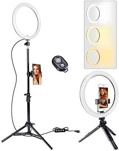 Anillo aro de luz de 10 Inch con 2 trípode, 3 Colores de luz y 11 Niveles de Brillo para Selfie