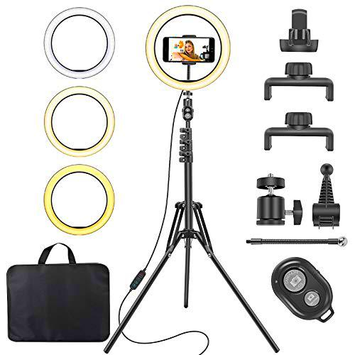 LemonDream Selfie Anillo de luz LED de 25 cm con trípode de 165 cm para teléfono móvil con control remoto 3 colores y 10 niveles de brillo para maquillaje Transmisión en vivo Tiktok vlog