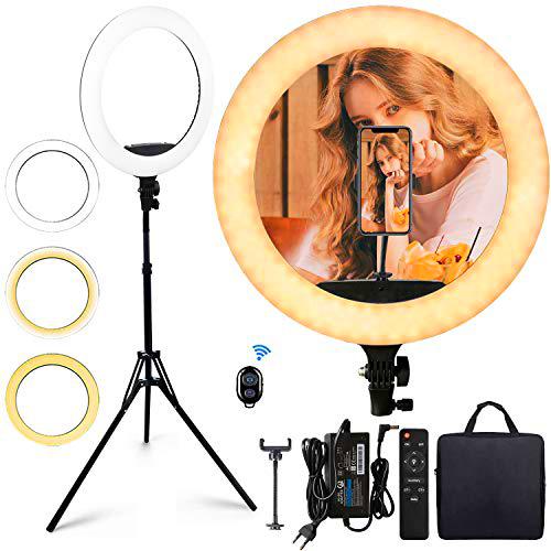 Anillo de luz 18” con Trípode Soporte Adaptador de Zapata Caliente Receptor Bluetooth 65W 3200-5600K CRI 95 Anillo de Luz Kit para Cámara y Smartphone Autorretrato Youtube Maquillaje