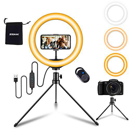 Luz de Anillo LED, Jeemak 10" Anillo de Luz Selfie con Trípode Stand y Soporte para teléfono para transmisión en Vivo y Youtube
