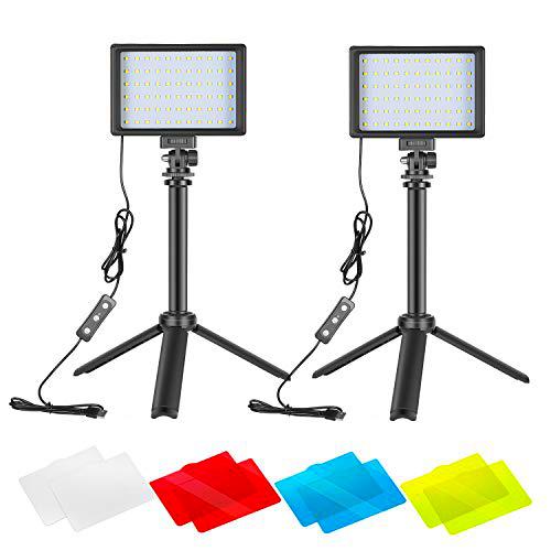 Neewer 2 Packs Kit Iluminación Fotografía Portátil Regulable 5600K USB 66 Luz Video LED con Mini Trípode Ajustable Filtros Color para Fotografía Mesa/Angulo Bajo Video Estudio
