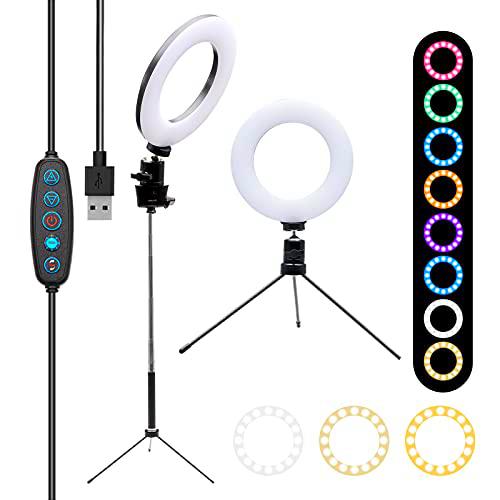 ZITFRI RGB LED Aro Luz con Tripode de 10 Colores LED RGB Luz y 10 Niveles de Brillo